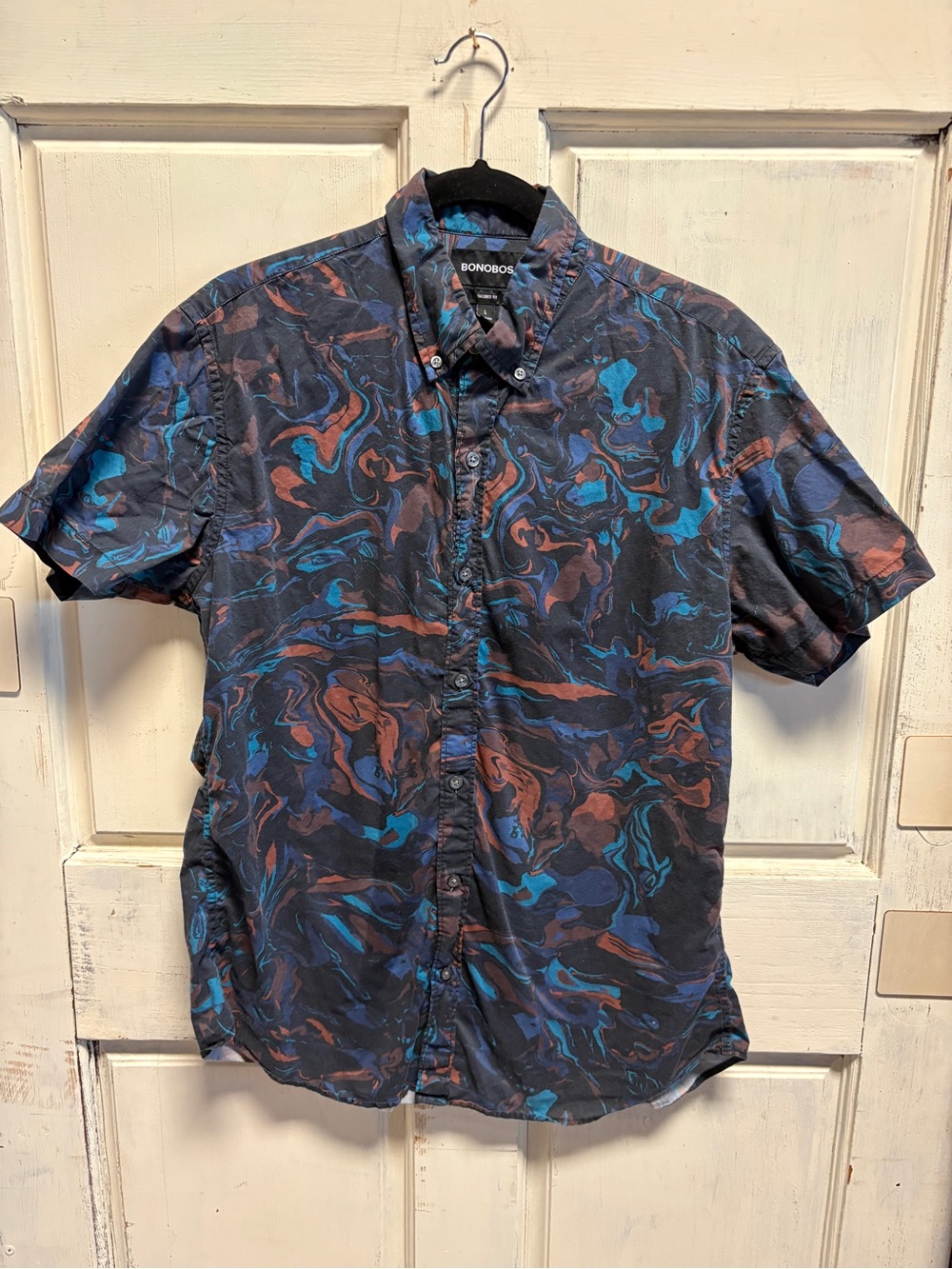 Bonobos Short-Sleeve Button-Down Shirt in Navy with Blue & Rust Swirl Large